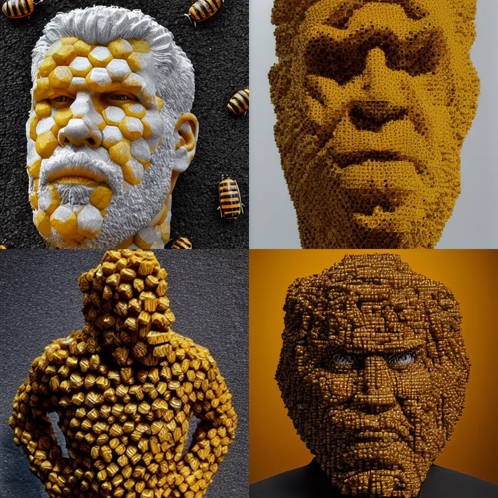 Prompt: sculpt of ron perlman made of bees, photo, medium shot, high quality, 4 k,