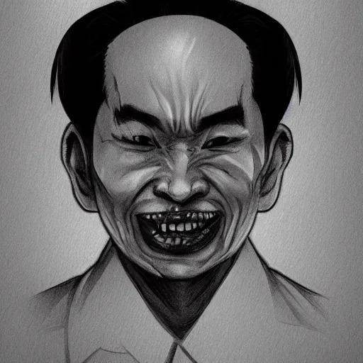 Prompt: black and white pencil portrait of a ho chi minh, vampire wizard, dark asian city street background, trending artstation, relaxed expression, dark lighting, high detail