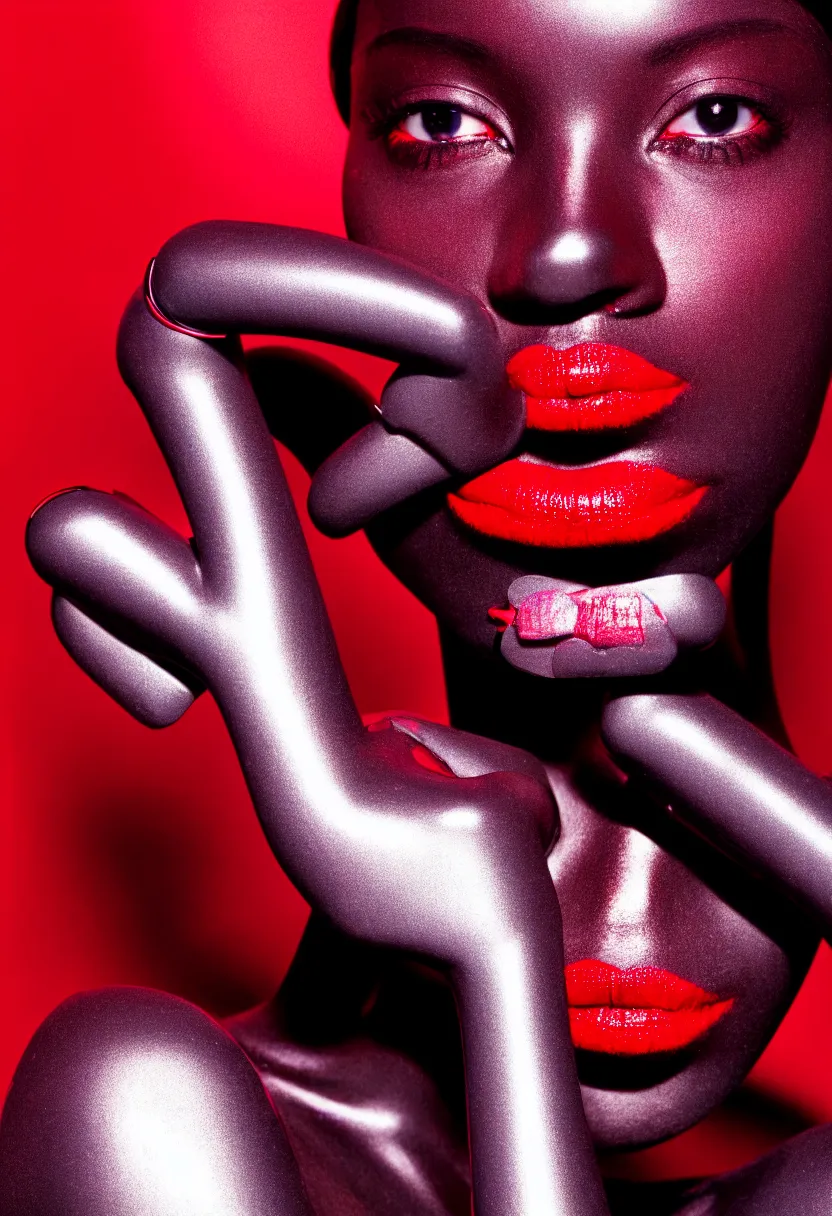 Prompt: medium shot, photograph of alluring dark skin female robot looking into camera, red lipstick, sharp focus,, chromatic abberations, as fashion editorial 90s