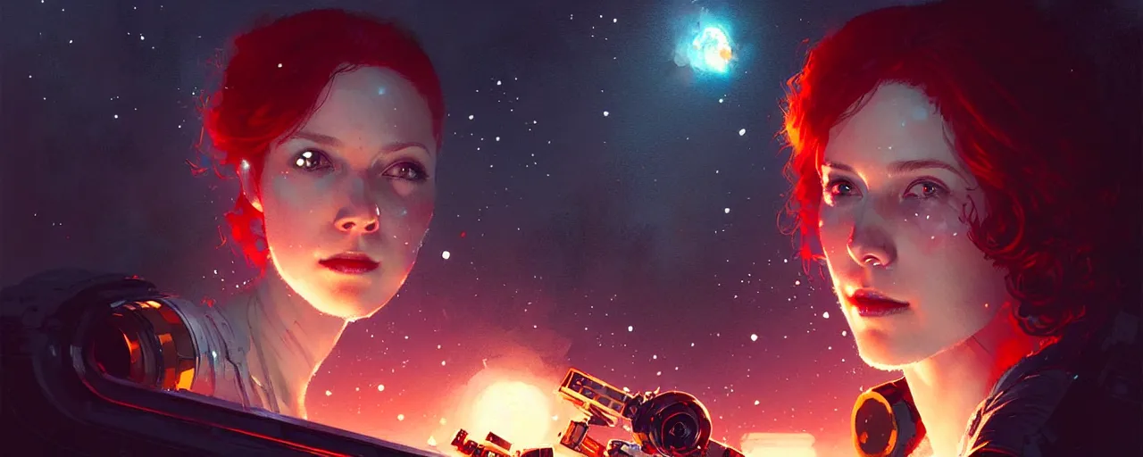 Prompt: a red head girl drink jack daniels in space, detailed digital art by greg rutkowski.