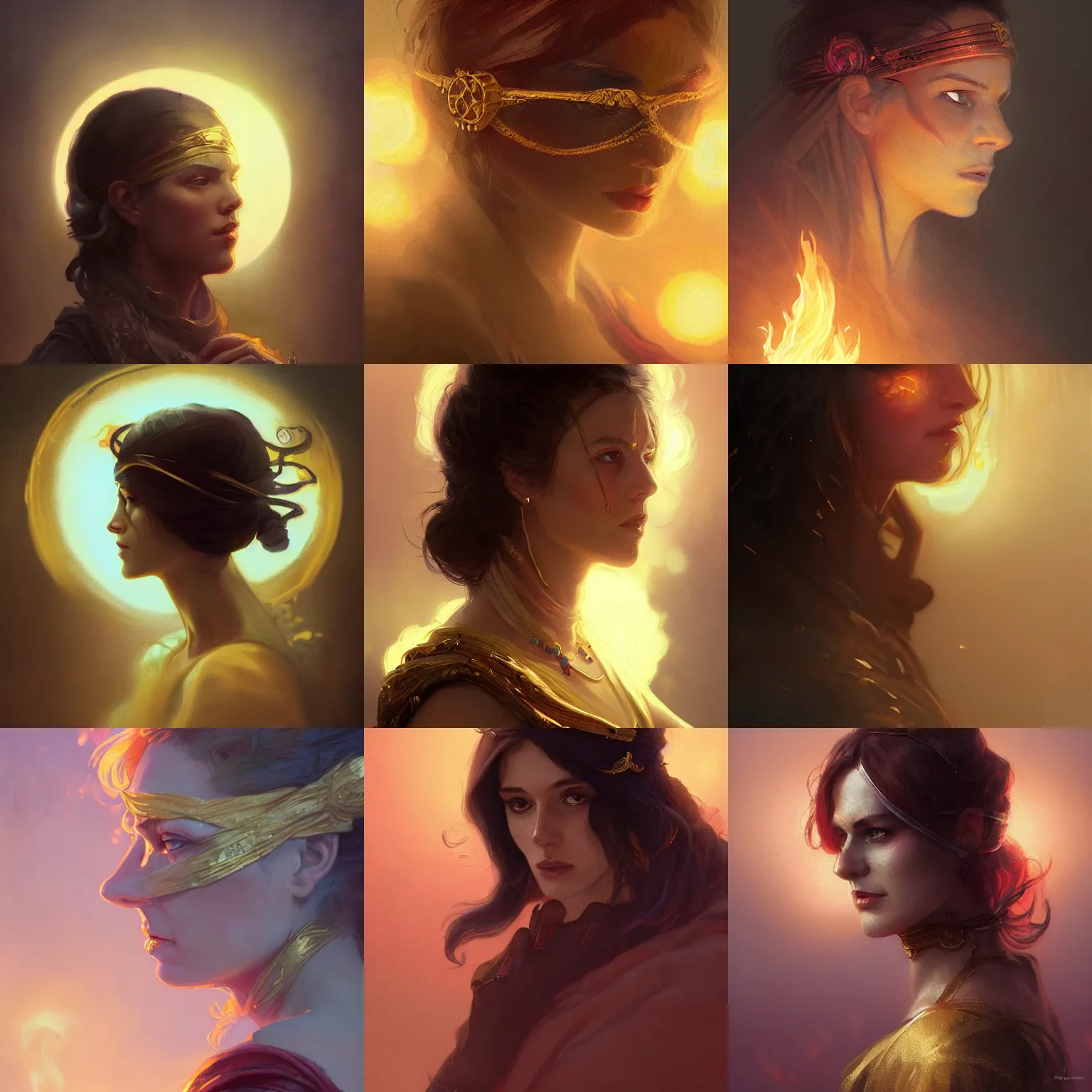 Prompt: woman portrait, face profile, gold, fog, blindfold, flames, magic, sunset, D&D character, by greg rutkowski, epic fantasy, detailed illustration, hd, 4k, overdetailed art by Alfons Mucha, complementing colors, Trending on artstation, deviantart