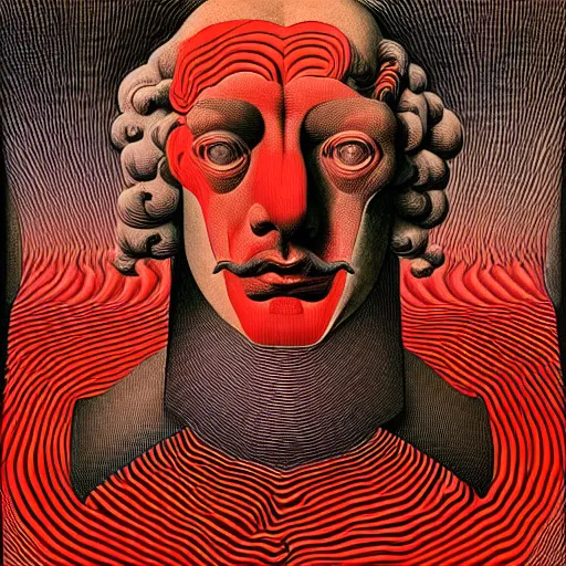 Prompt: red graphic conceptual post - mortem monumental portrait made by escher and william blake and salvador dali, highly conceptual art, intricate detailed painting, illustration sharp detail, vector sharp graphic, manga 1 9 9 0