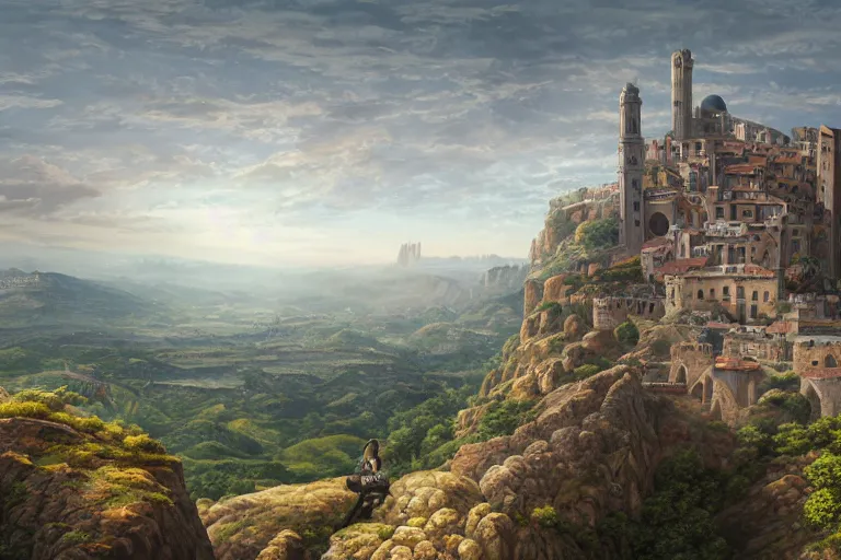 Image similar to an ultra detailed matte landscape painting of an extremely tall and strong young man with short brown hair standing on a cliff overlooking a medieval capital built on top of many hills, italian renaissance architecture, ultrawide lense, aerial photography, 8 k, volumetric lighting, smooth, highly detailed, digital illustration, art by kentaro miura and akira toriyama and artgerm