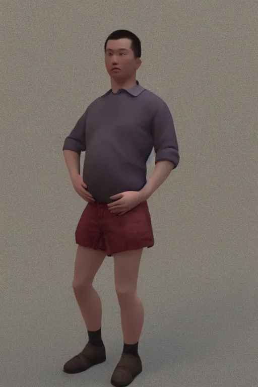 Image similar to Full-length portrait of a handsome!! young pregnant!! male on the streets of Hong Kong, wearing shorts, historically reliable photo chronicle, 1995, ultra detailed digital art, octane render, 4K, by John William Waterhouse and Edwin Longsden Long and Theodore Ralli and Nasreddine Dinet