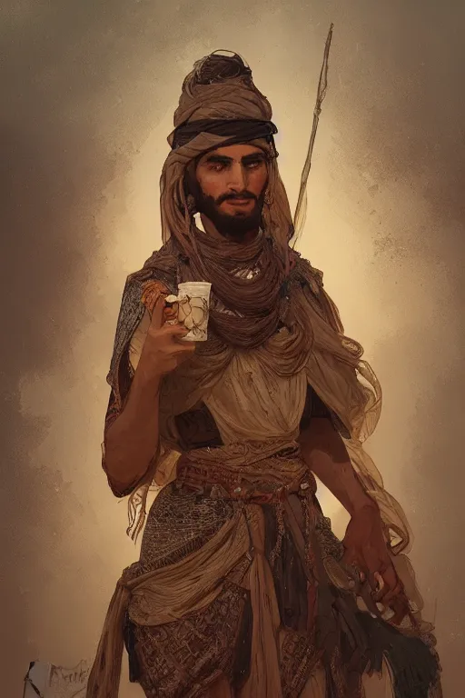 Image similar to A full portrait of an ancient Bedouin scout, intricate, elegant, highly detailed, digital painting, artstation, concept art, smooth, sharp focus, illustration, art by Krenz Cushart and Artem Demura and alphonse mucha