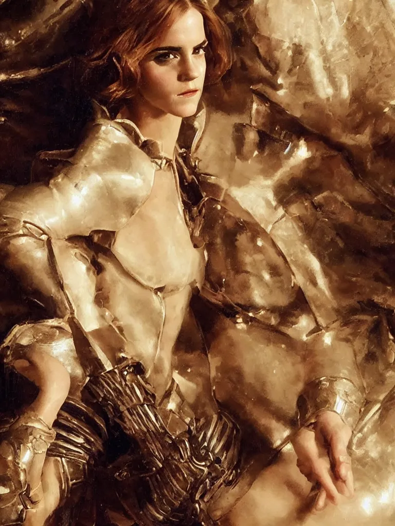 Image similar to close up of emma watson in full leather armor, cinematographic shot, alexander averin and delphin enjolras and daniel f. gerhartz