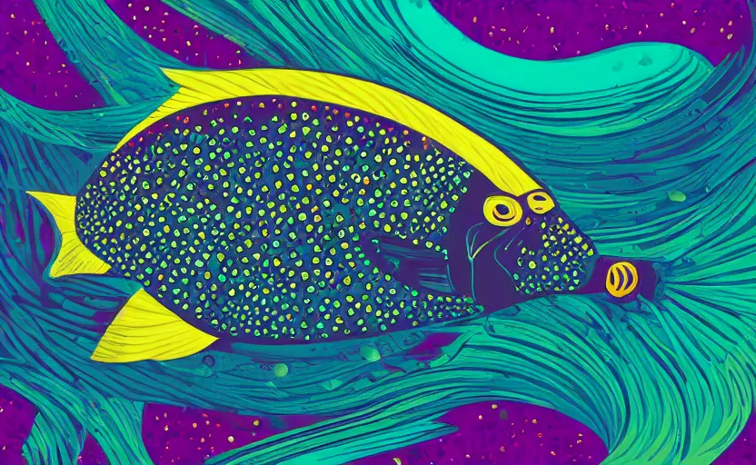 Image similar to one stylized fish with saturated colors viewed in profile in the dark ocean filled with complex sparkles and patterns, artstation, intricate, realistic, highly detailed, digital painting, concept art, sharp focus, illustration by tom whalen and charles williams and kilian eng and james jean