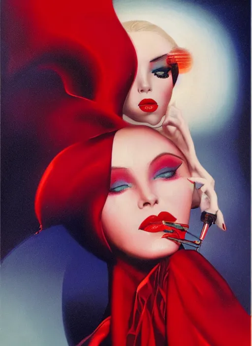 Image similar to an 8 0 s portrait of a woman with dark eye - shadow and red lips with dark slicked back hair dreaming acid - fueled hallucinations by serge lutens, rolf armstrong, delphin enjolras, peter elson, red cloth background