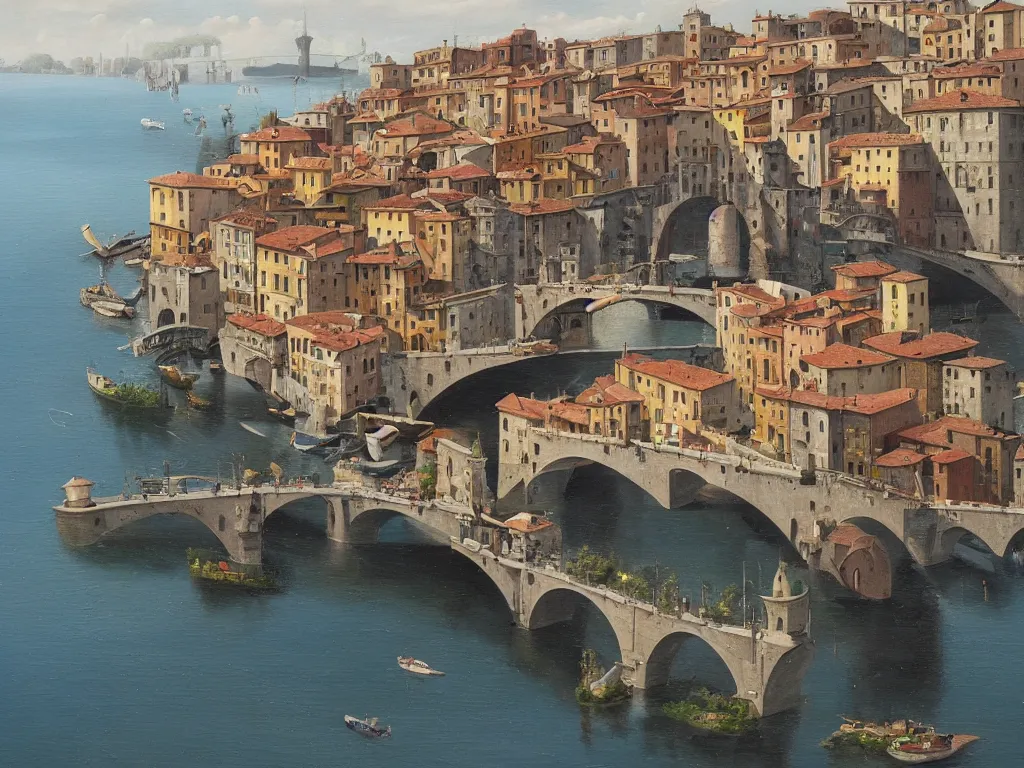 Image similar to A detailed oil painting of a beautiful Italian town and bridge by Michiel Schrijver, isometric