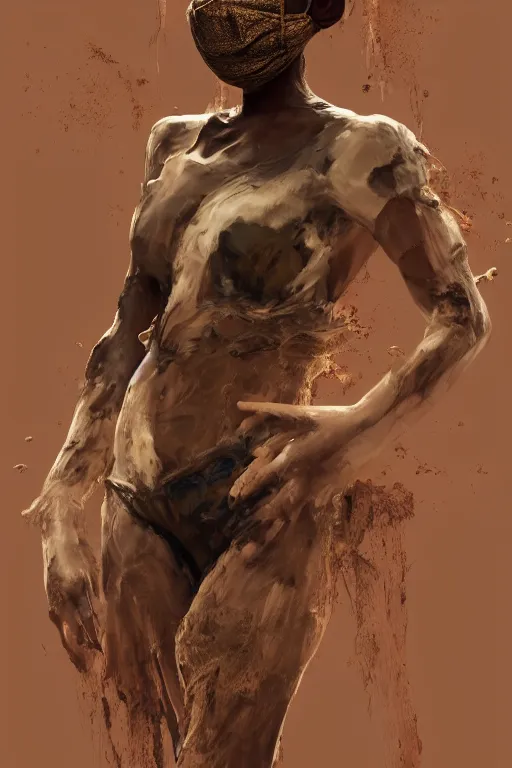 Prompt: epic 3 d straw masked omolu, liquid hands and feet spinning, 2 0 mm, with brown and tan mud melting smoothly into medicine and salves, intense, healing, intricate, houdini sidefx, trending on artstation, by jeremy mann and ilya kuvshinov, jamie hewlett and ayami kojima, 3 d bold