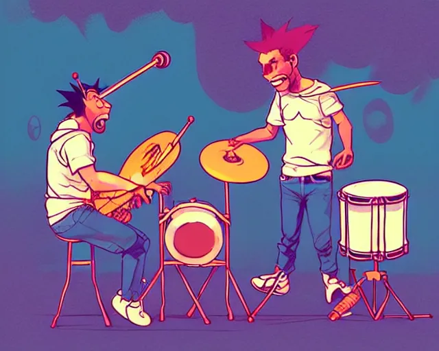 Image similar to a study of cell shaded cartoon of a two man band playing a microKorg synthesizer and drums, subtle colors, post grunge, concept art by josan gonzales and wlop, by james jean, Victo ngai, David Rubín, Mike Mignola, Laurie Greasley, highly detailed, sharp focus, Trending on Artstation, HQ, deviantart, art by artgem