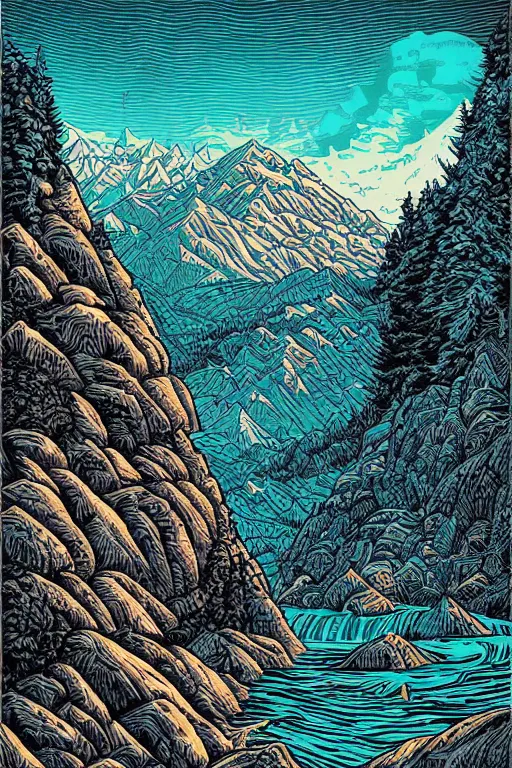 Prompt: Mountains by Dan Mumford