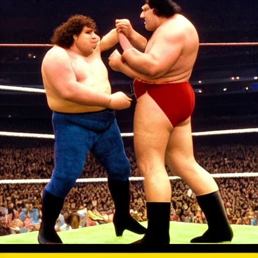 Image similar to shrek vs andre the giant at wrestlemania 8, high definition, 8k