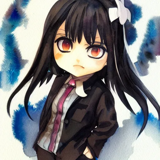 Image similar to portrait watercolor painting of nendoroid eyes kawaii chibi with black hair and hime cut in style of krenz cushart, ilya kuvshinov, pixiv key visual manga cover, POYOYONROCK