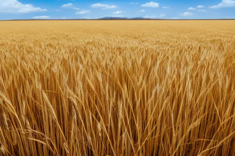 Image similar to photo with half a clear sky without clouds and half a yellow wheat field, hd, beautiful, perfect light, photorealism, highly detailed, symmetry