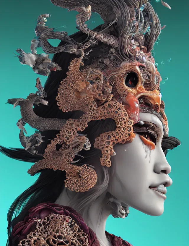 Image similar to 3 d goddess of hell close - up profile portrait with ram skull. beautiful intricately detailed japanese crow kitsune mask and clasical japanese kimono. betta fish, jellyfish phoenix, bio luminescent, plasma, ice, water, wind, creature, artwork by tooth wu and wlop and beeple and greg rutkowski