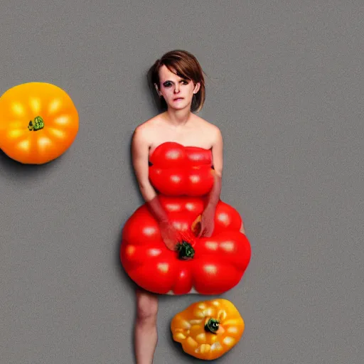 Image similar to emma watson dressed in a tomato, hyperrealistic, photography, 8 k