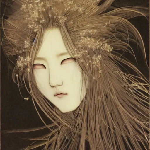 Prompt: yoshitaka amano blurred and dreamy realistic illustration of a japanese woman with black eyes, wavy white hair fluttering in the wind wearing elden ring armor with engraving, abstract patterns in the background, noisy film grain effect, highly detailed, renaissance oil painting, weird portrait angle, blurred lost edges, three quarter view