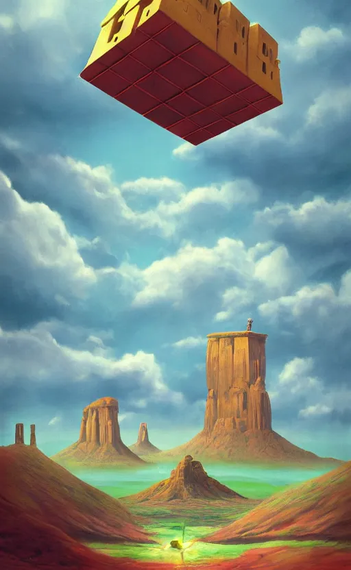 Image similar to hyperrealist painting of a giant flying cube from howl's moving castle ( 2 0 0 4 ) in a flooded monument valley stonehenge jungle. 1 9 7 0 s science fiction, moody, misty, depth perception, 4 k, artstation, in the style of studio ghibli