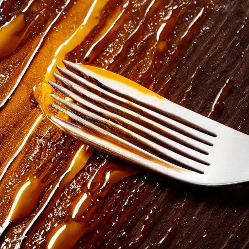 Prompt: a photorealistic fork covered in dripping honey, so much honey, professional food photography, Movie Still, Triadic color grading.