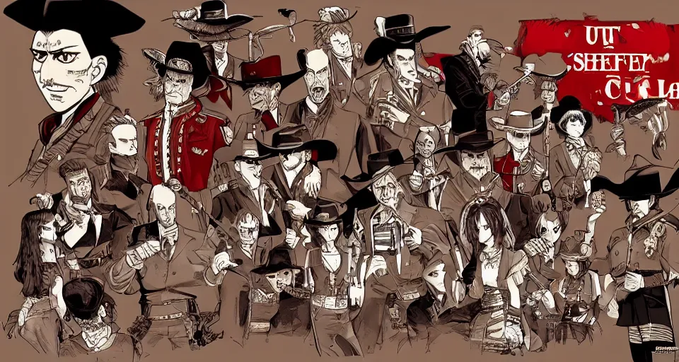 Image similar to detailed ultra sharp, red female sheriff, global lighting, theme saloon from a western, western saloon, booze, revolver, cigars, sheriff sitting in a saloon, all in the style of yoshihiro togashi.