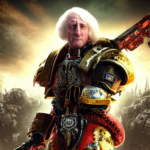 Image similar to Portrait of Jimmy Saville as the emperor of humanity from warhammer 40k in Gears of War, splash art, movie still, cinematic lighting, dramatic, octane render, long lens, shallow depth of field, bokeh, anamorphic lens flare, 8k, hyper detailed, 35mm film grain