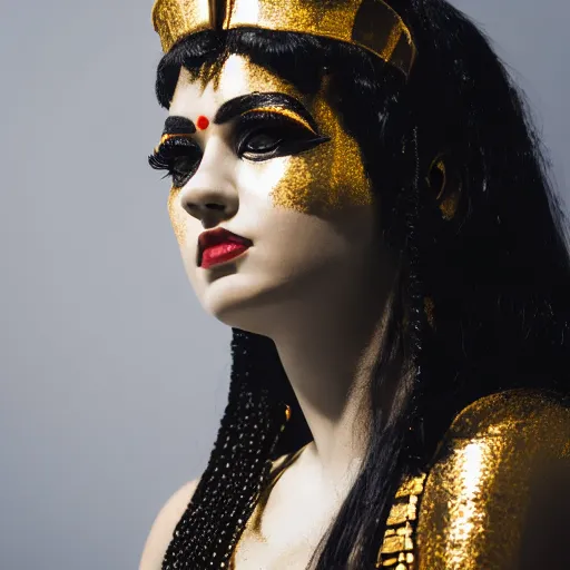 Prompt: Photo of Cleopatra, close-up, high detail, studio, ominous background, smoke, 85mm Sigma Art Lens