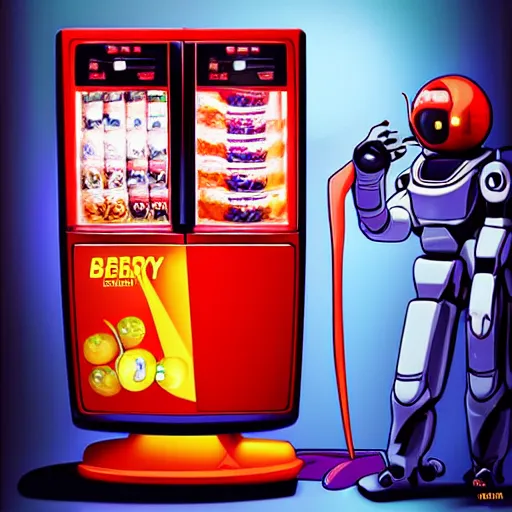 Image similar to “Shinji from Eva buying berries from a berry vending machine on a futuristic space ship, robots, berry signs, 🍓, anime, artstation”