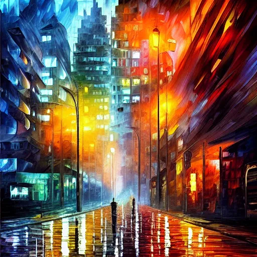 Prompt: “cyberpunk city in the rain, dystopian, style of leonid afremov”