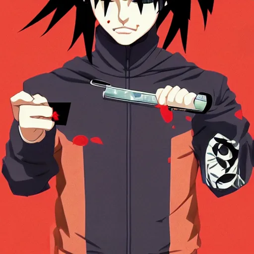 Image similar to Playboi Carti in Naruto Universe, Ninja Scrolls, Geometric 3d shapes, Gang, Pistol, Blood, red smoke, by Sachin Teng, Trending on artstation
