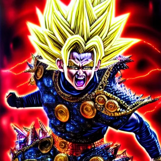 Image similar to uhd photorealistic detailed image of max voltage, the rock and roll emperor, dressed as super saiyan emperor, powering up, wearing extremely intricate costume and makeup, by ayami kojima, amano, and karol bak