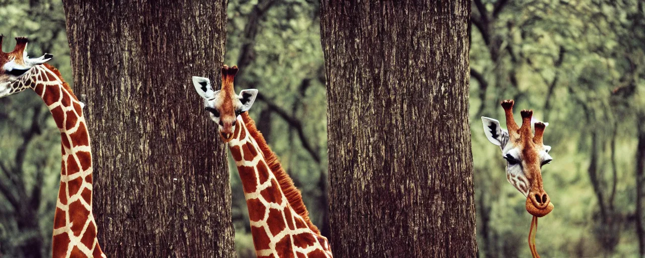 Image similar to a giraffe ( only 1 ) eating spaghetti off a tree, in the style of national geographic, canon 5 0 mm, kodachrome, retro, muted, visual noise