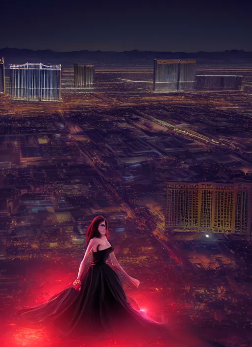 Image similar to full body portrait, duchess of blood, night shot of las vegas in background, highly detailed, CGsociety, subtle, concept art, HDR, hyper realistic, volumetric lighting, subsurface scattering, unreal