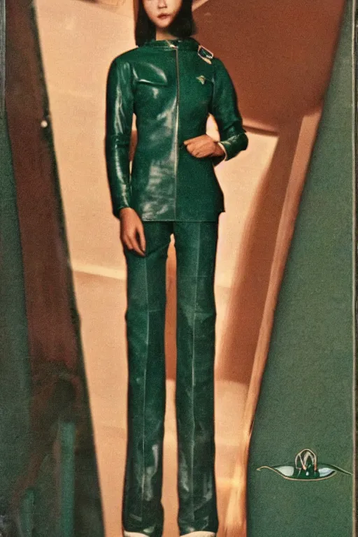Prompt: youthful asian blade runner demure, exquisite features, feminine cut, 1 9 7 0's frontiers in flight green leather suit,