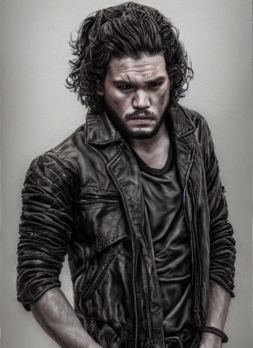 Image similar to portrait of kit harrington, gritty, dark, wearing a leather jacket, hairy chest, very detailed eyes, hyperrealistic, very detailed painting by Glenn Fabry, by Joao Ruas, by Artgerm