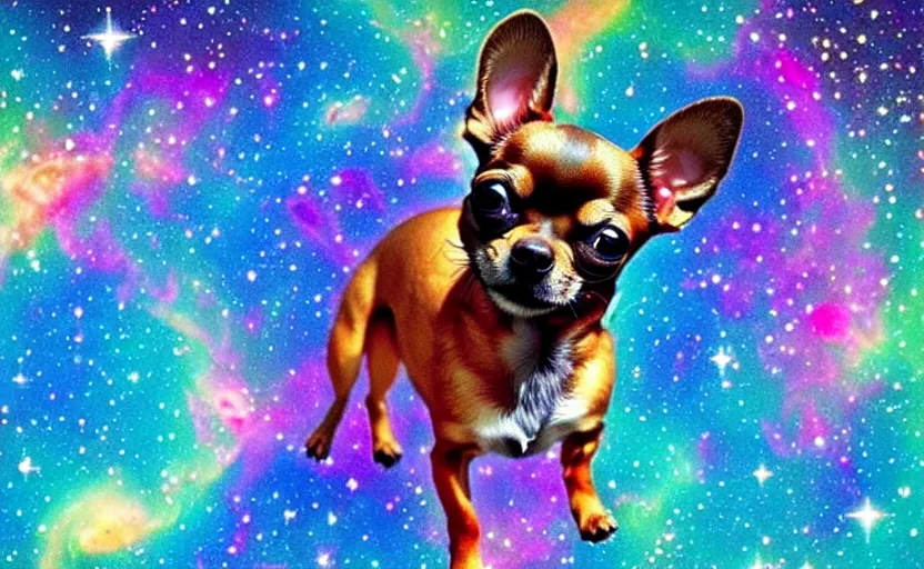 Image similar to Cosmic Chihuahua, colossal cute dog swimming the colorful nebulae, canine galaxy, dog star.