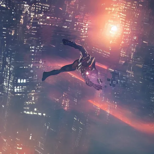 Image similar to a hyperdetailed photograph of iron man flying through the skies of a cyberpunk, futuristic city, night, dense fog, rain, hd, 8 k resolution