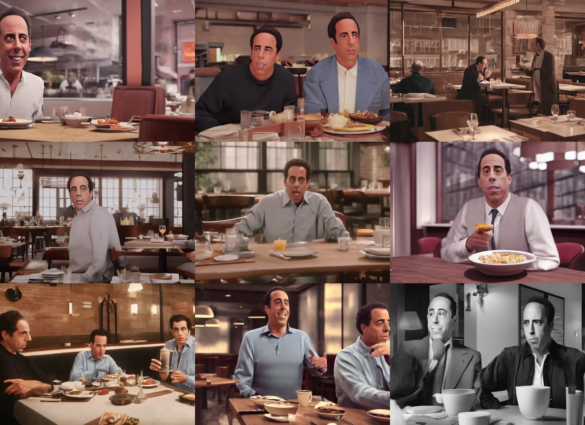 Prompt: Jerry Seinfeld in a restaurant whit Kramer, cinematic frame, Houdini algorithmic generative render, sharp focus, octane render 8k, 35mm