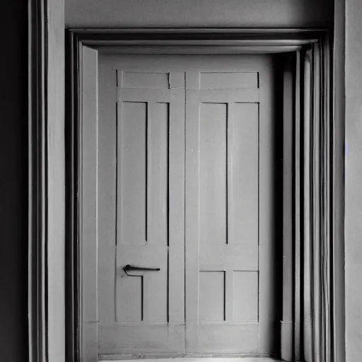 Prompt: a doorway in a dark room with a grungy chromatic gradient of light coming out of the doorway. The door to the doorway is partially closed. Light and dark with an interested color scheme.