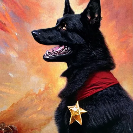 Prompt: a portrait of a black german shepard dogman canine star trek captain red shirt full body. highly detailed painting by gaston bussiere, craig mullins, j. c. leyendecker, furry