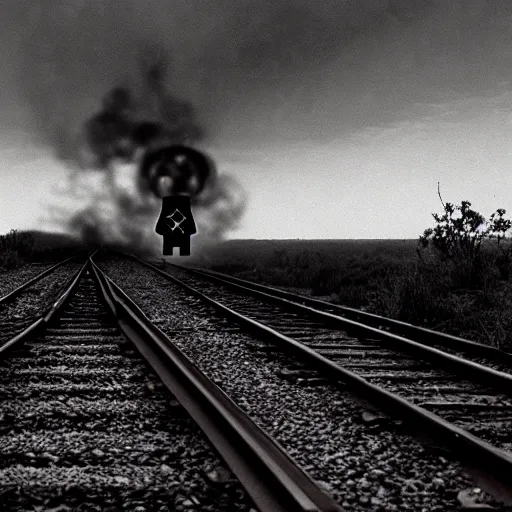 Image similar to the disembodied spirit of a dangerous railroad demon, Boxcar on the railroad, atmospheric and depressed, Cinematic, film still from a horror movie