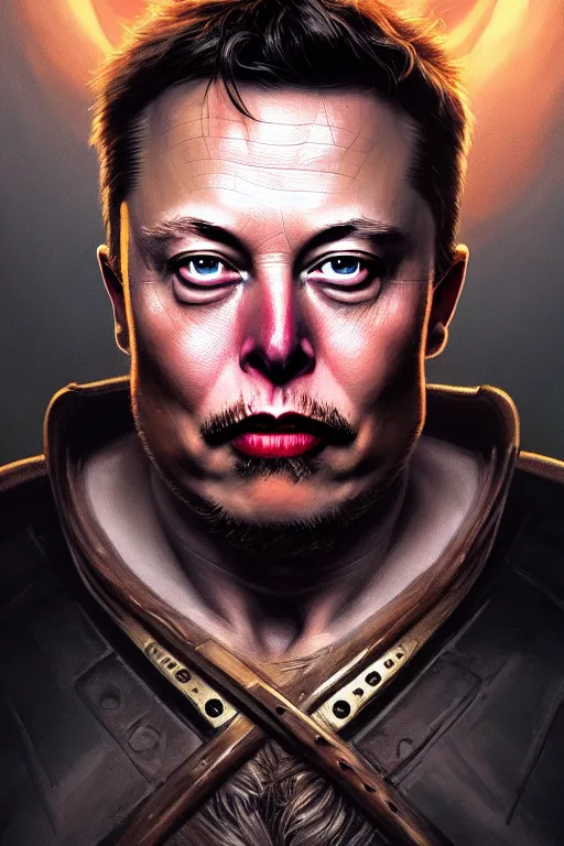 Image similar to elon musk as viking, portrait, skull on the chest, highly detailed, digital painting, artstation, concept art, smooth, sharp focus, illustration, cinematic lighting, art by artgerm and greg rutkowski and alphonse mucha