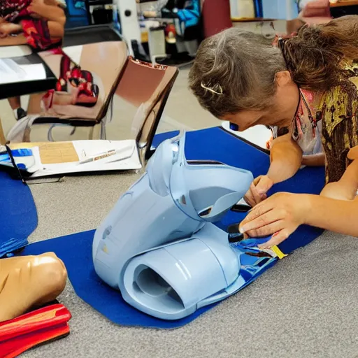 Prompt: rogue hack lab assembling a robotic dragon at the jackson county library on a warm summer evening