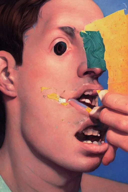 Image similar to a closeup portrait of a young italian man licking a blotter paper of LSD acid on his tongue and dreaming psychedelic hallucinations, by kawase hasui, moebius, Edward Hopper and James Gilleard, Zdzislaw Beksinski, Steven Outram colorful flat surreal design, hd, 8k, artstation