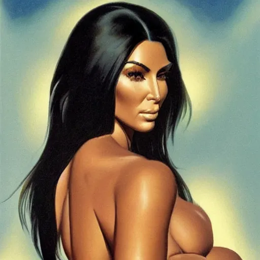Image similar to epic portrait of kim kardashian by frank frazetta and boris vallejo