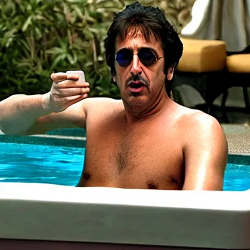 Image similar to al pacino scarface hot tub scene, except he is wearing catgirl ears and browsing his iphone