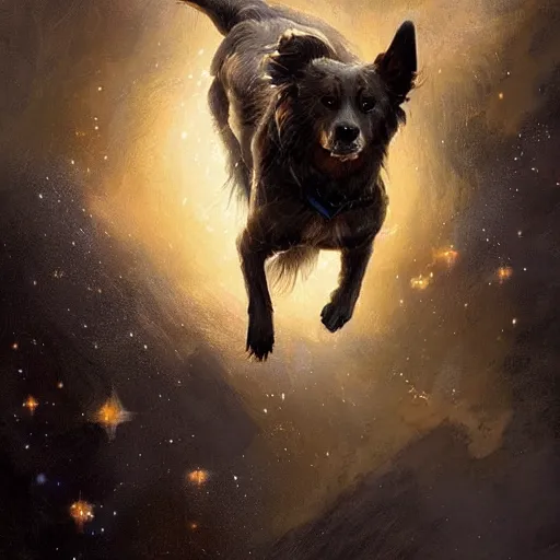 Prompt: portrait of a beautiful young dog falling into the stars by greg rutkowski, 4k, intricate details