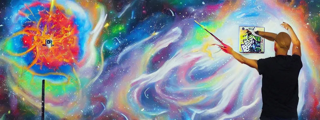 Prompt: A beautiful painting of god doing graffiti on the universe