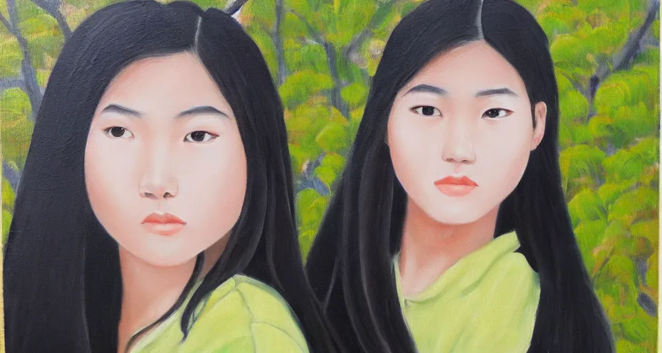 Prompt: a gen z teenage asian girl, oil painting by mai trung thu