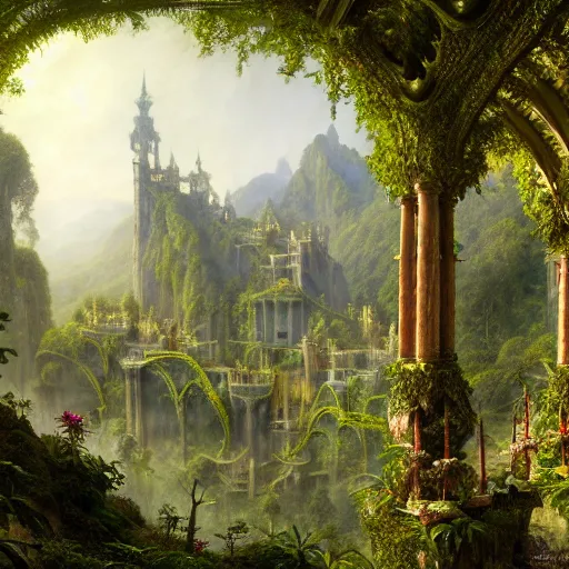 Image similar to a beautiful and highly detailed matte painting of an epic palace in a magical fantasy garden in a lush forest in the mountains, intricate details, epic scale, insanely complex, hyperdetailed, artstation, cgsociety, 8 k, sharp focus, hyperrealism, by caspar friedrich, albert bierstadt, james gurney, brian froud,
